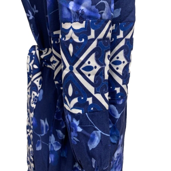 CELINA MOON BOHO BLUE PRINTED 3/4 SLEEVES BELTED MIDI DRESS SIZE L $259 - Picture 6 of 10